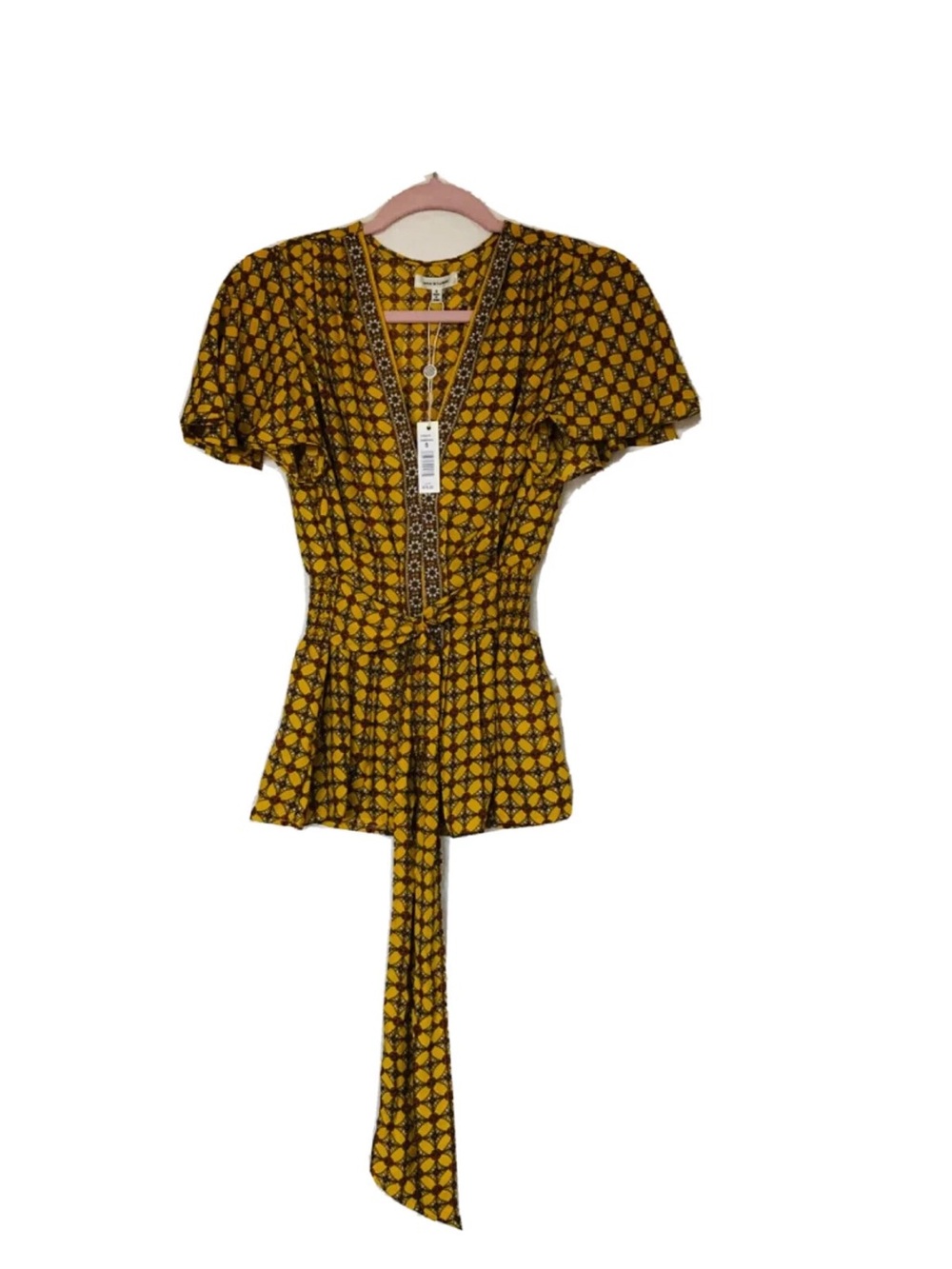 Max Studio V-Neck Blouse Tie Front Size Large Mosaic Geometric Orange Yellow New